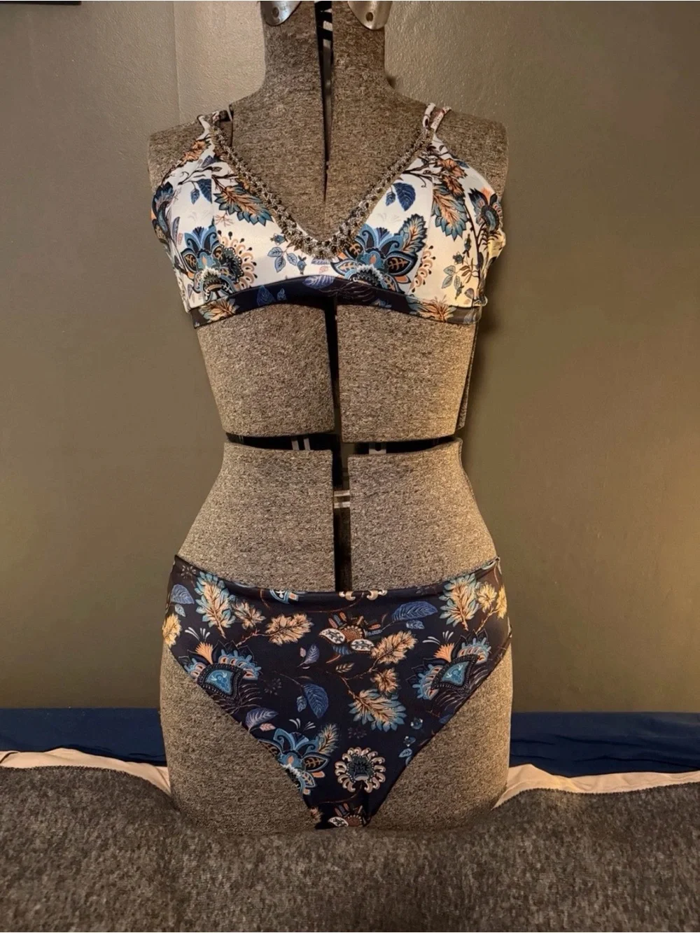Floral Paisley Two-Piece Bikini Set in Navy and Cream
